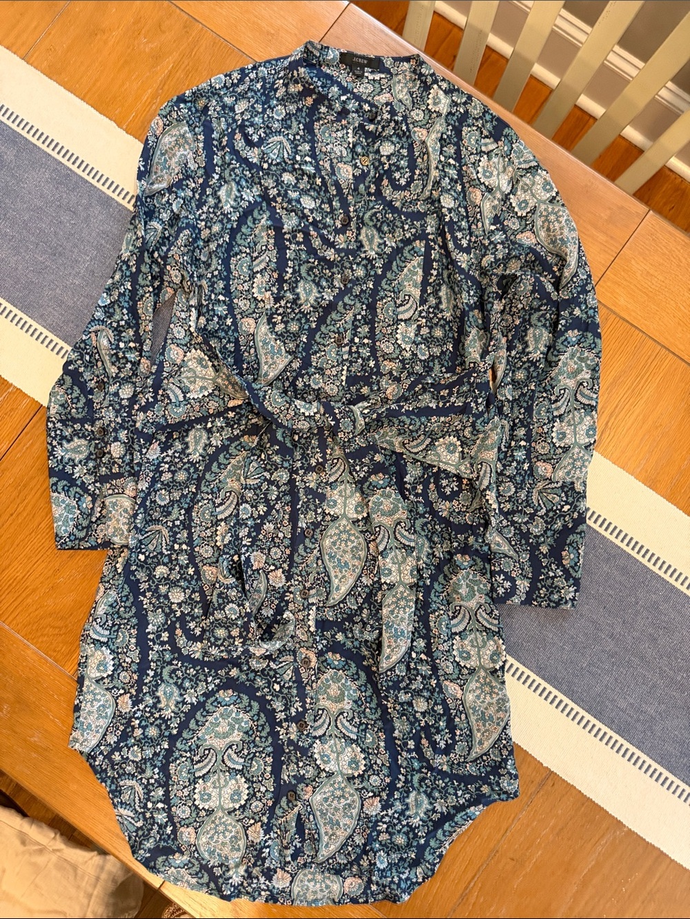 J. Crew Navy and Teal Paisley Shirt Dress, Size 4, 100% Silk